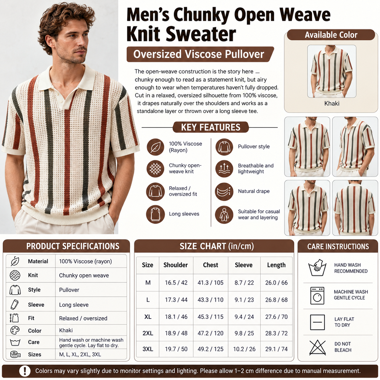 Men's Chunky Open Weave Knit Sweater – Oversized Viscose Pullover