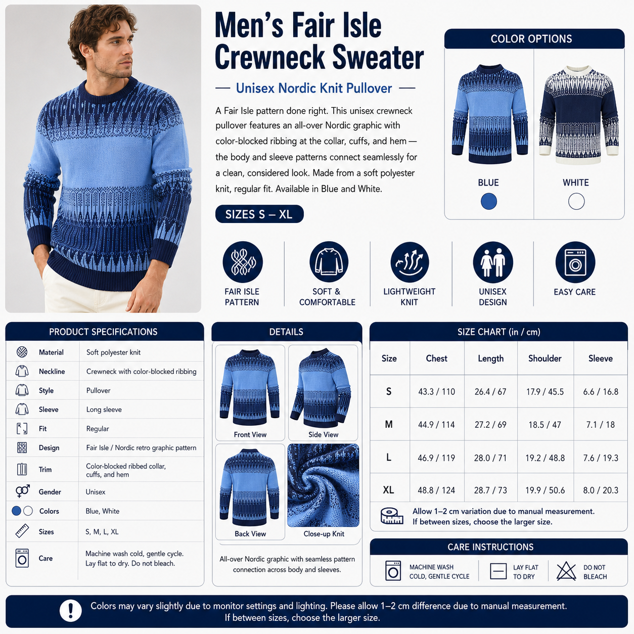 Men's Fair Isle Crewneck Sweater – Unisex Nordic Knit Pullover