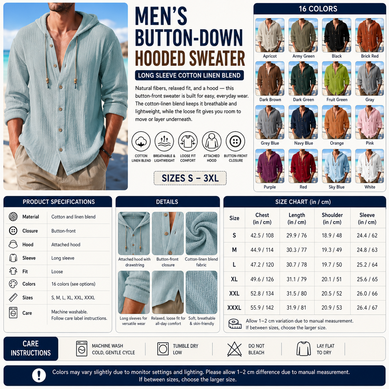 Men's Button-Down Hooded Sweater – Long Sleeve Cotton Linen Blend