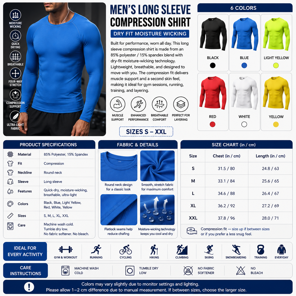 Men's Long Sleeve Compression Shirt – Dry Fit Moisture Wicking