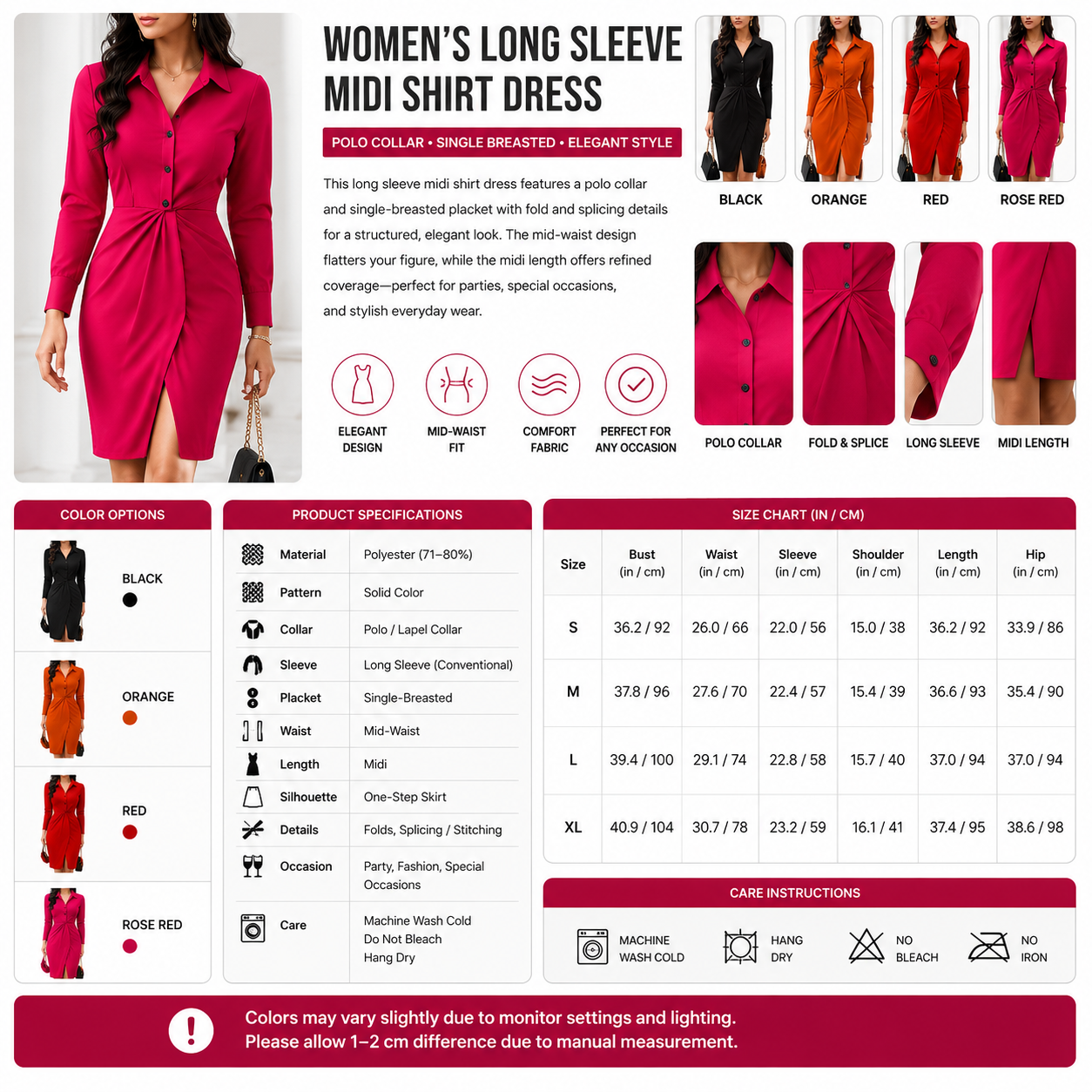 Women's Long Sleeve Midi Shirt Dress – Polo Collar Single Breasted