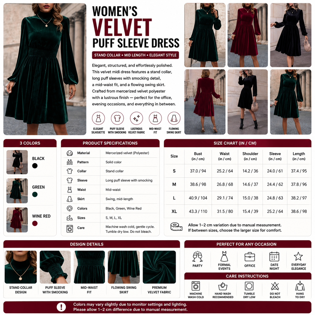 Women's Velvet Puff Sleeve Dress – Stand Collar Mid Length Swing