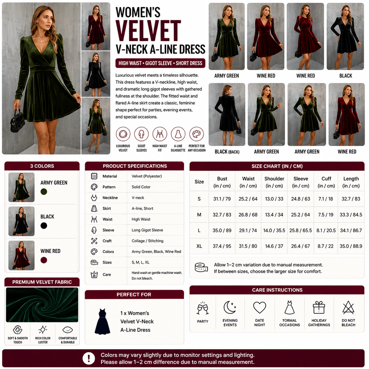 Women's Velvet V-Neck A-Line Dress – High Waist Gigot Sleeve