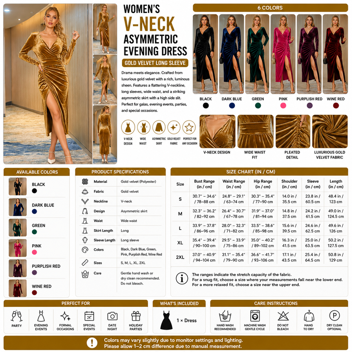 Women's V-Neck Asymmetric Evening Dress – Gold Velvet Long Sleeve