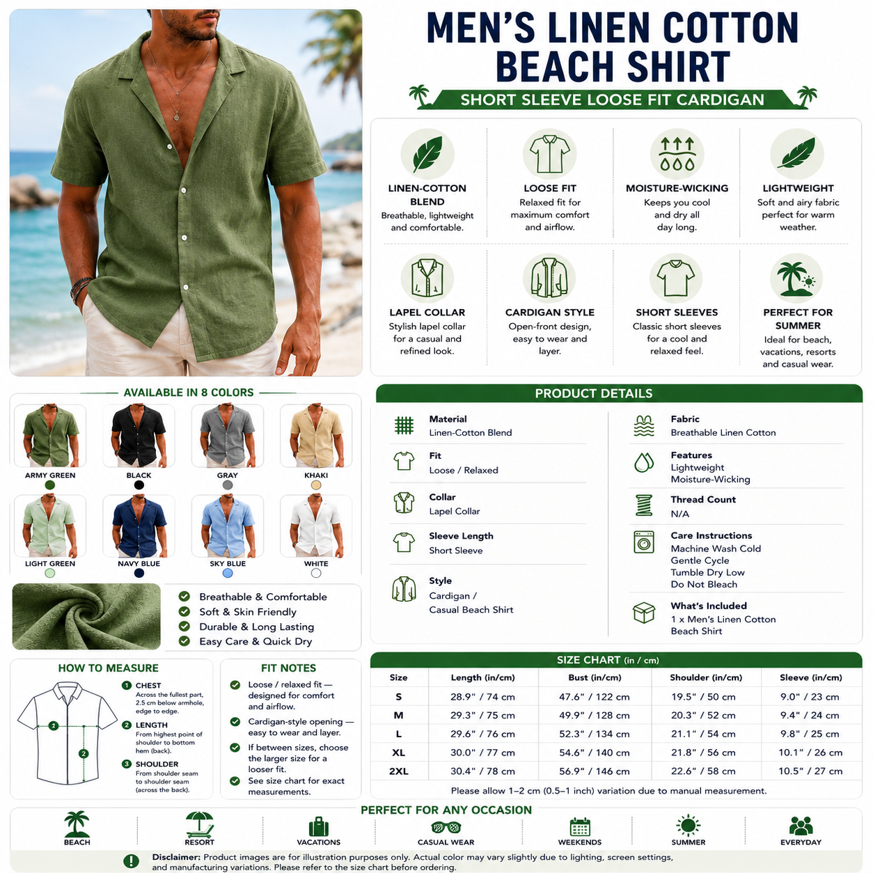 Men's Linen Cotton Beach Shirt – Short Sleeve Loose Fit Cardigan
