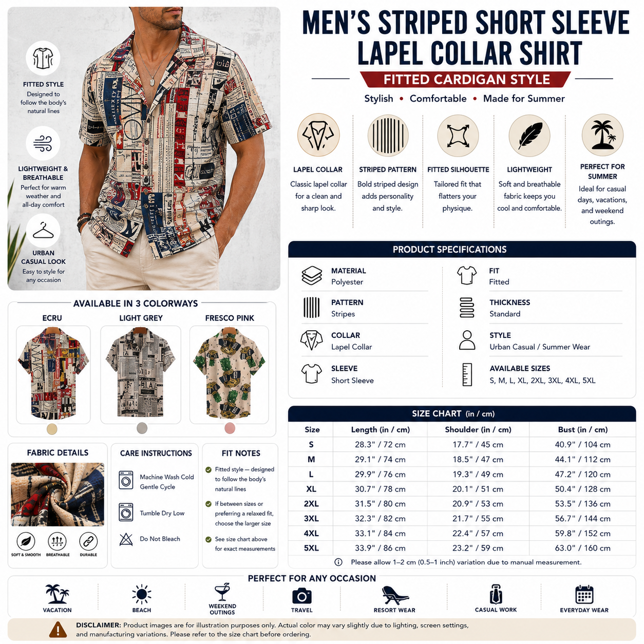 Men's Striped Short Sleeve Lapel Collar Shirt – Fitted Cardigan Style