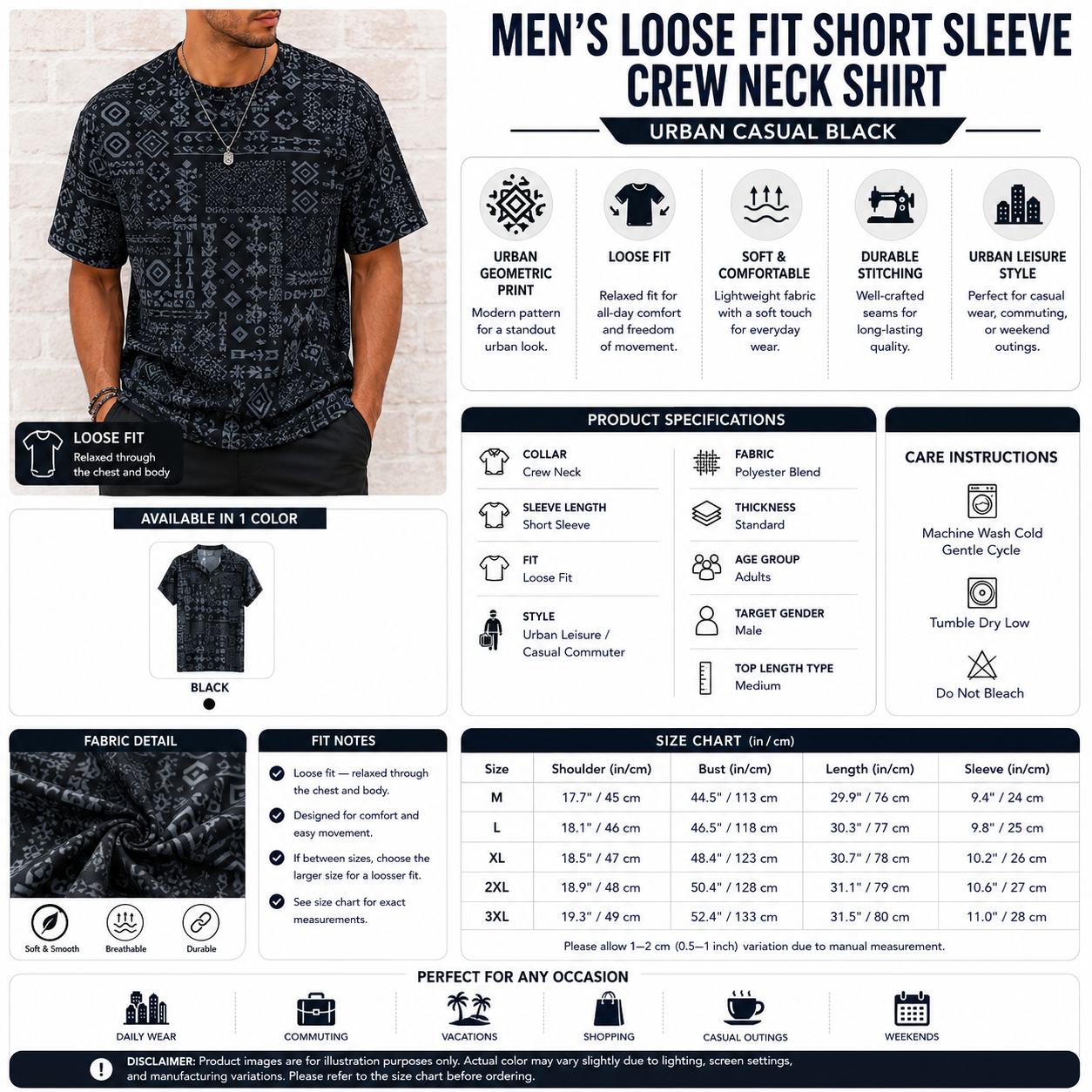 Men's Loose Fit Short Sleeve Crew Neck Shirt – Urban Casual Black