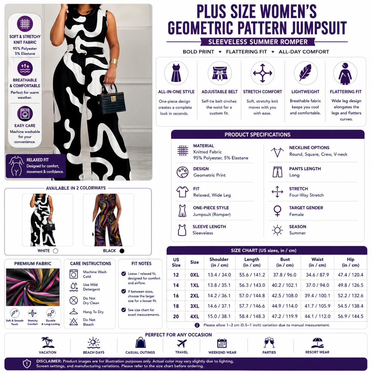 Plus Size Women's Geometric Pattern Jumpsuit – Sleeveless Summer Romper