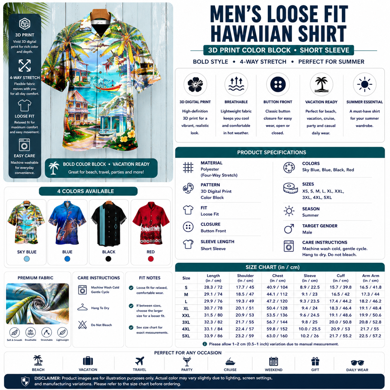 Men's Loose Fit Hawaiian Shirt – 3D Print Color Block Short Sleeve