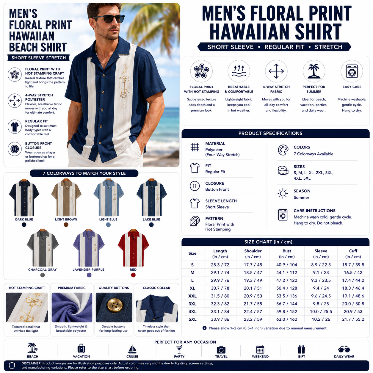 Men's Floral Print Hawaiian Beach Shirt – Short Sleeve Stretch