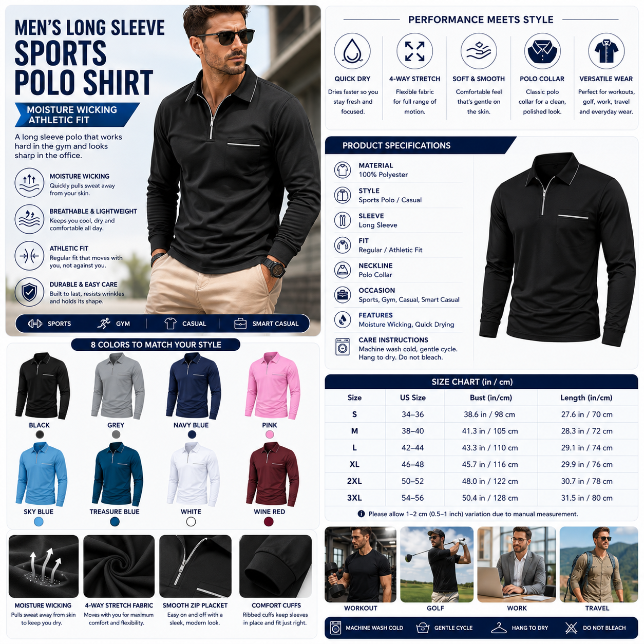 Men's Long Sleeve Sports Polo Shirt – Moisture Wicking Athletic Fit