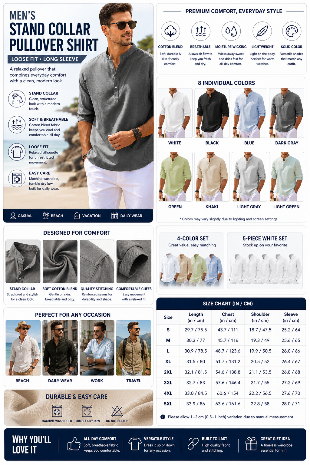Men's Stand Collar Long Sleeve Pullover – Loose Fit Cotton Blend
