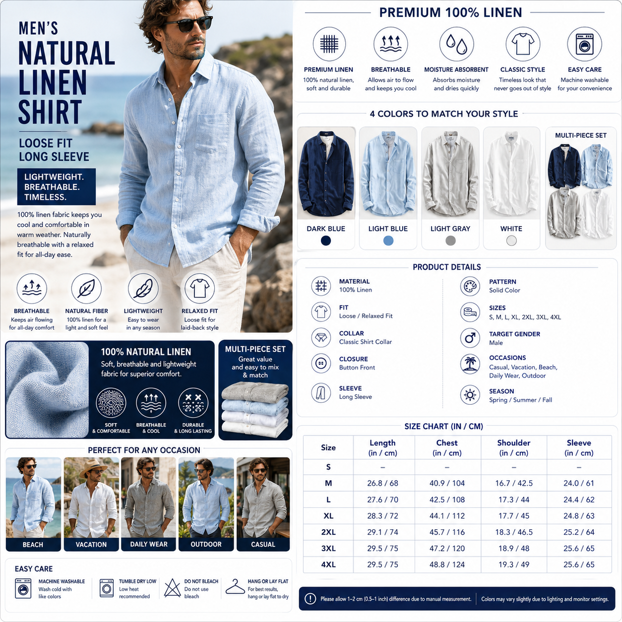 Men's Natural Linen Shirt – Loose Fit Solid Color Long Sleeve