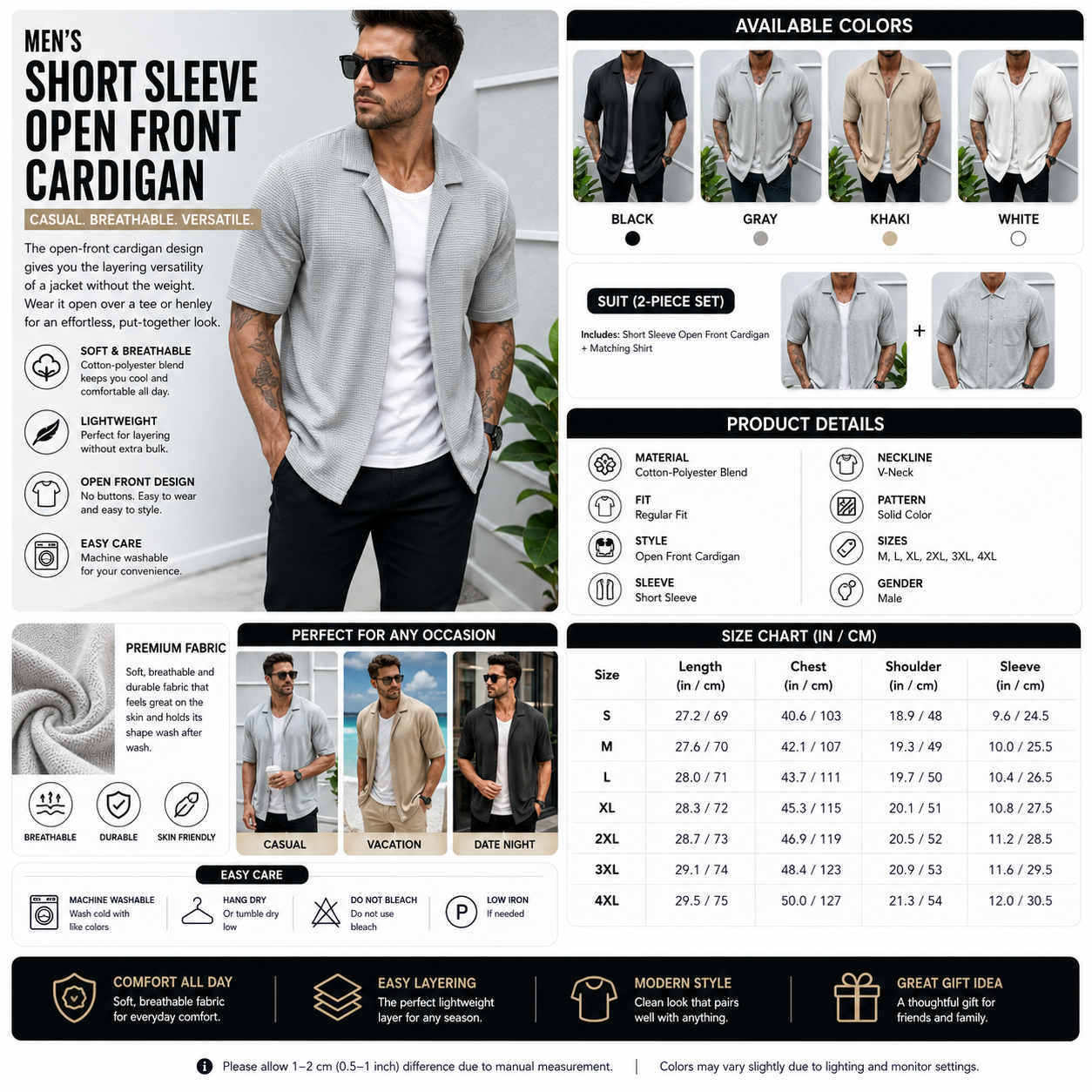 Men's Short Sleeve Open Front Cardigan – Solid Color Cotton Blend