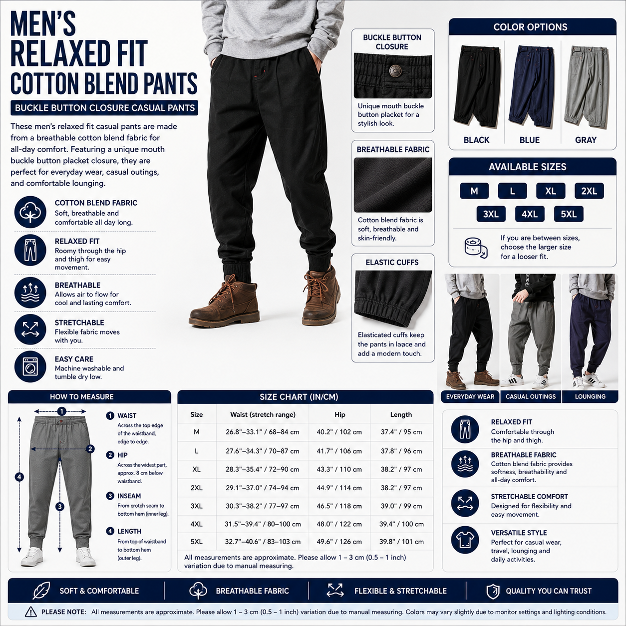 Men's Relaxed Fit Cotton Blend Pants – Buckle Button Closure Casual