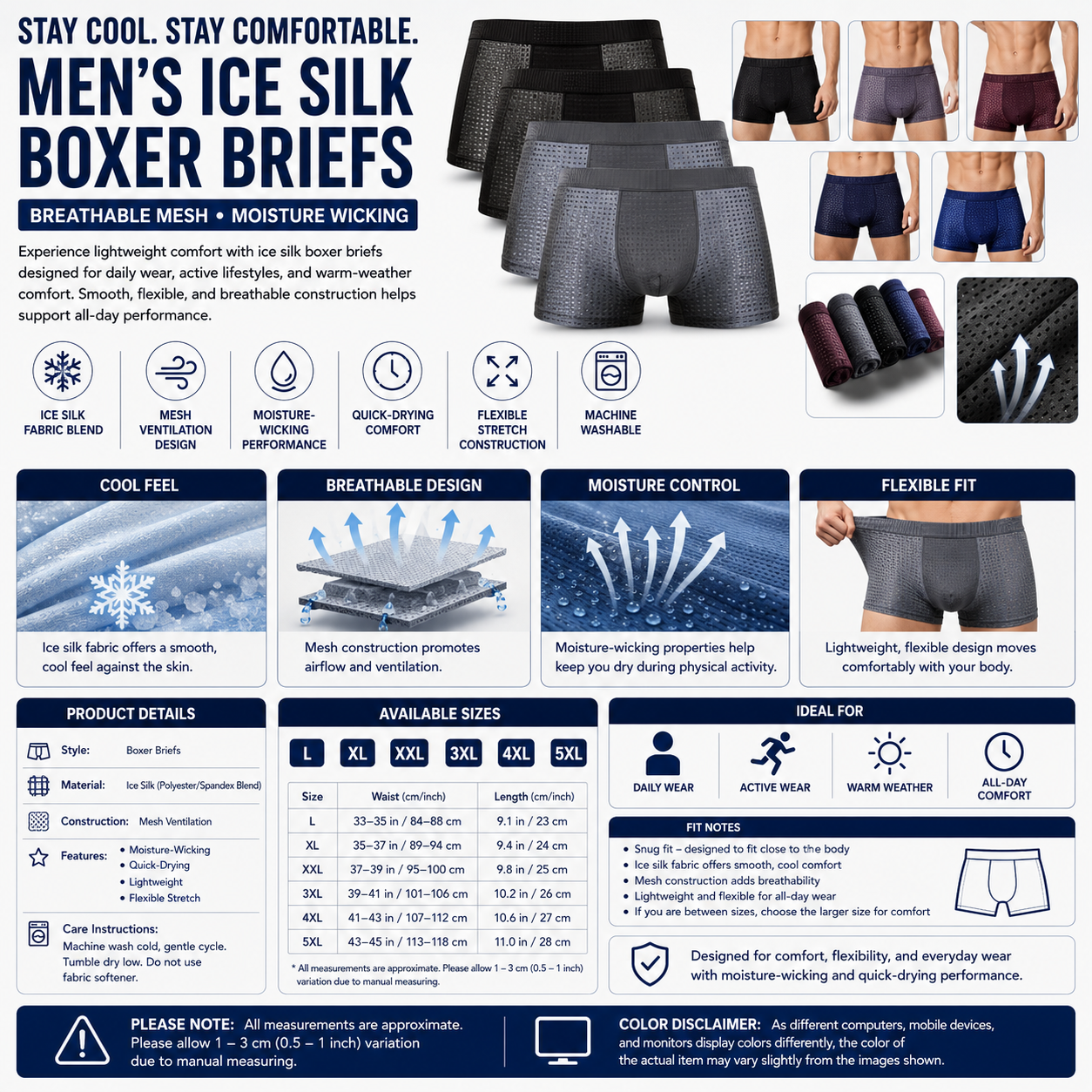 Men's Ice Silk Boxer Briefs – Breathable Mesh Moisture Wicking