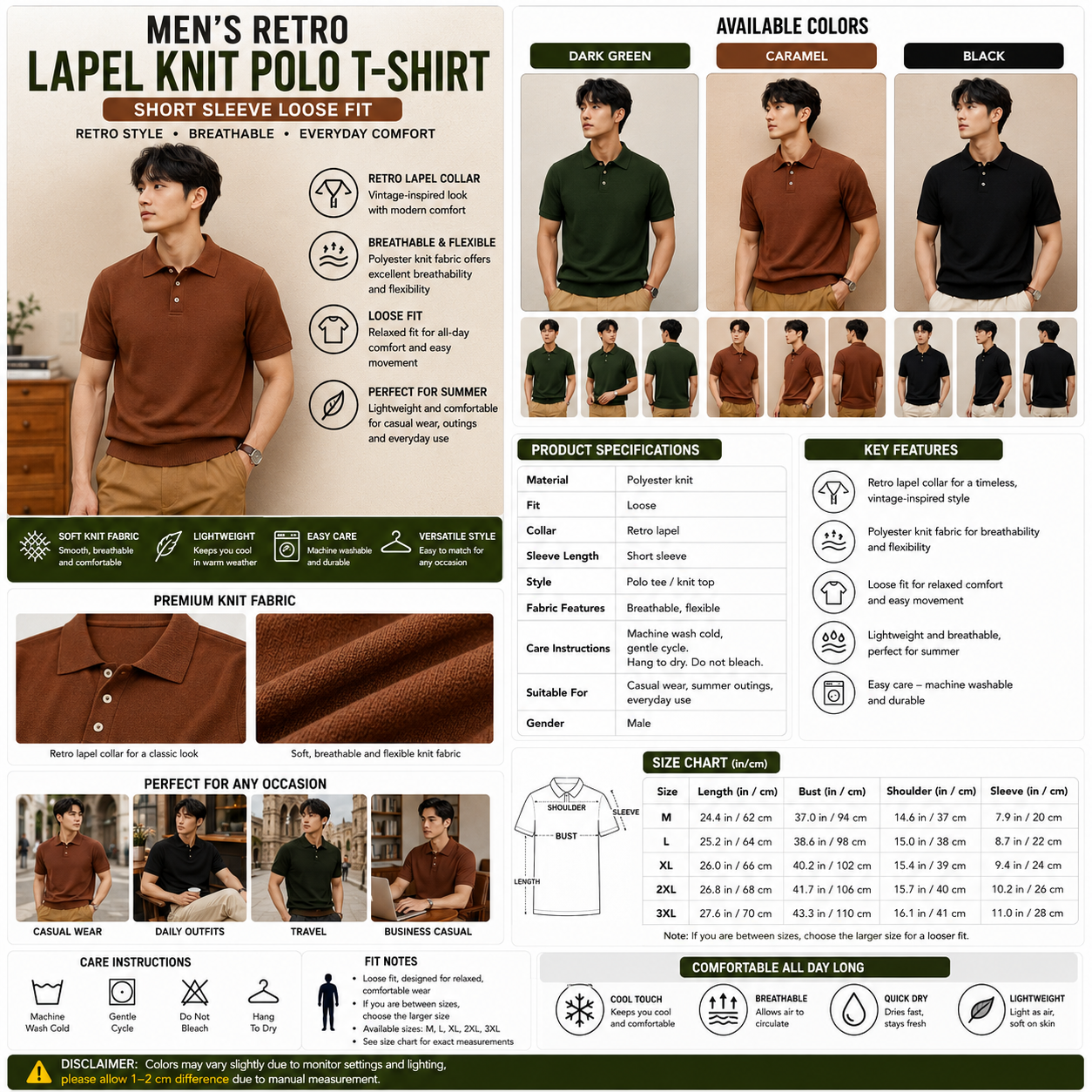 Men's Retro Lapel Knit Polo T-Shirt – Short Sleeve Loose Fit