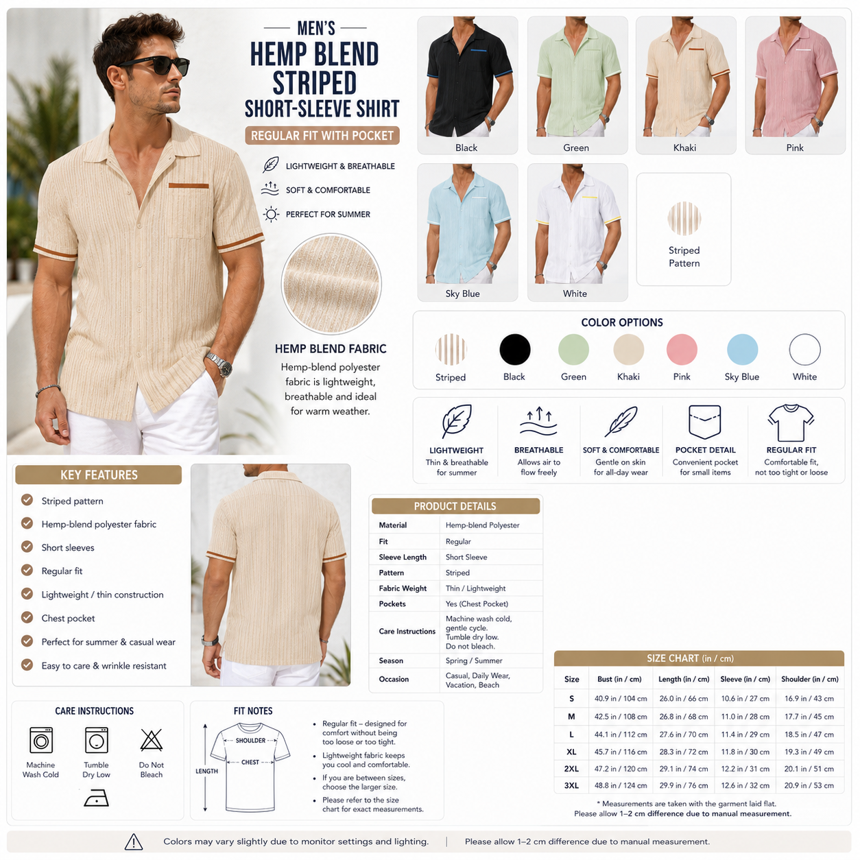 Men's Hemp Blend Striped Short-Sleeve Shirt – Regular Fit with Pocket