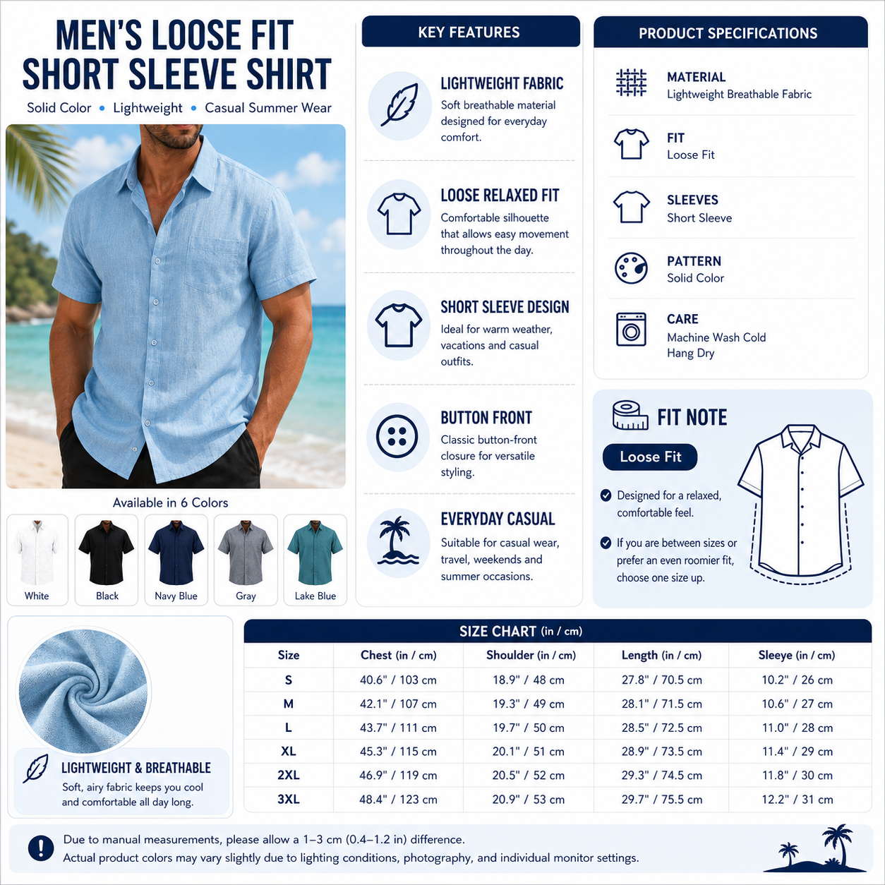 Men's Loose Fit Short Sleeve Shirt – Solid Color Lightweight Casual