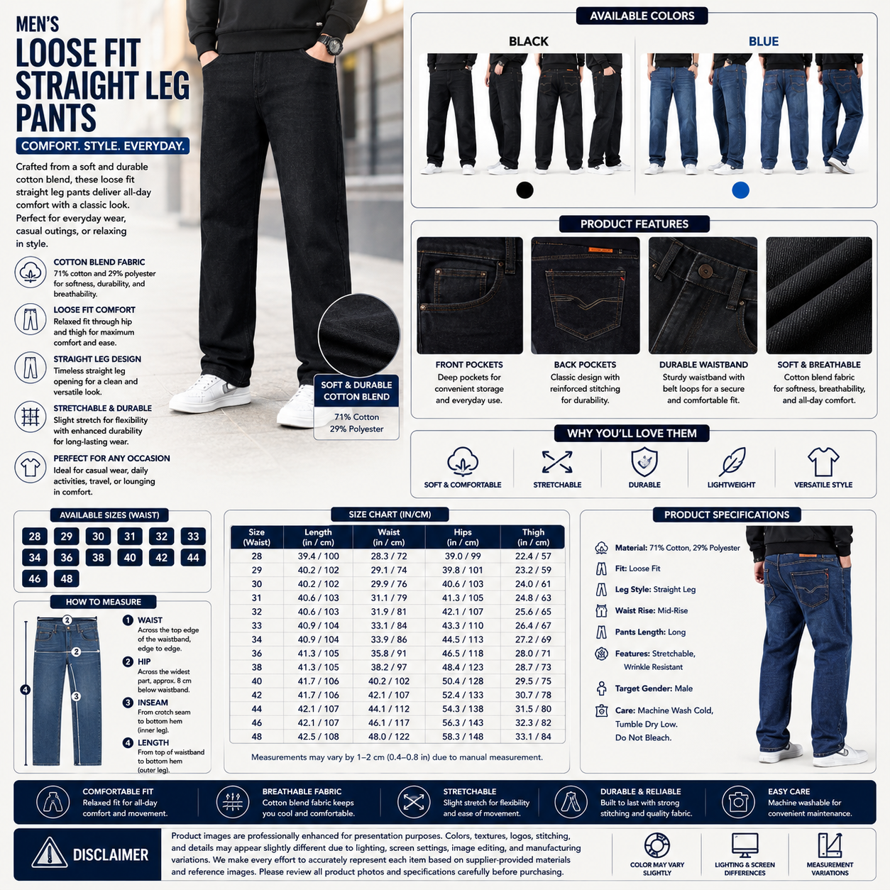 Men's Loose Fit Straight Leg Pants – Cotton Blend Casual Trousers