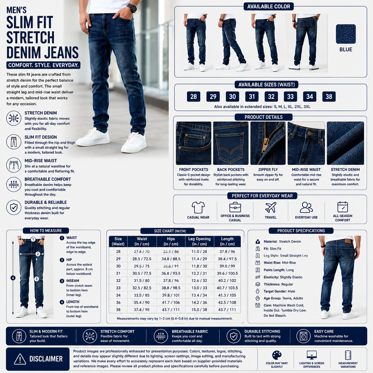 Men's Slim Fit Stretch Denim Jeans – Mid Rise Straight Leg