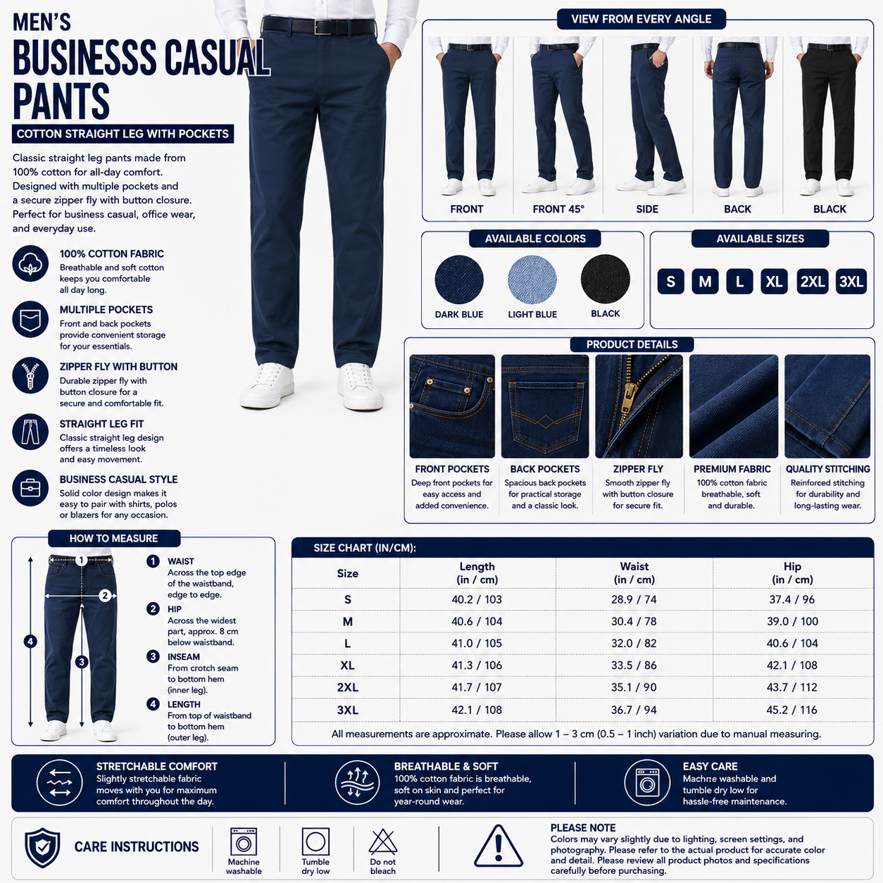 Men's Business Casual Pants – Cotton Straight Leg with Pockets