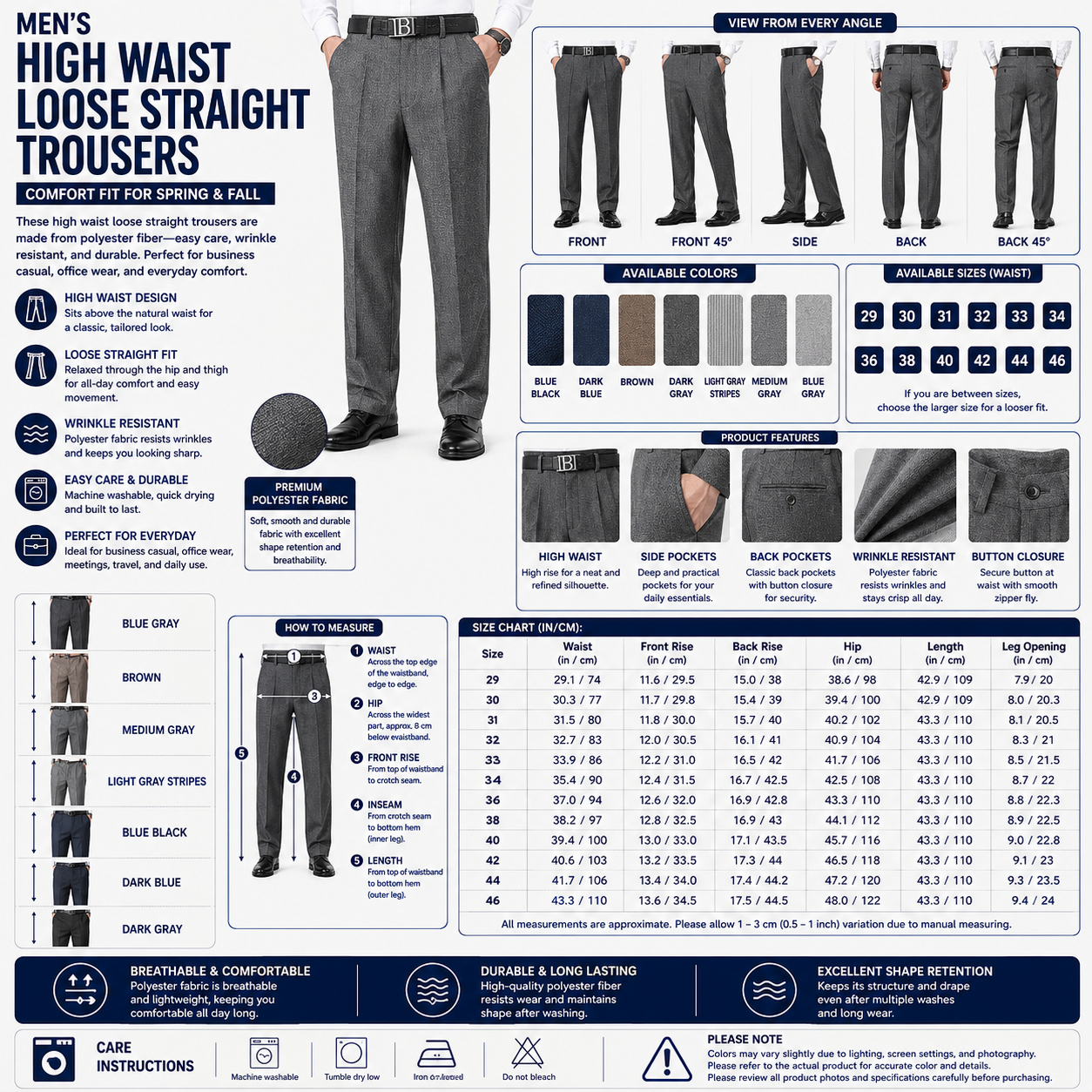 Men's High Waist Loose Straight Trousers – Comfort Fit Spring Fall