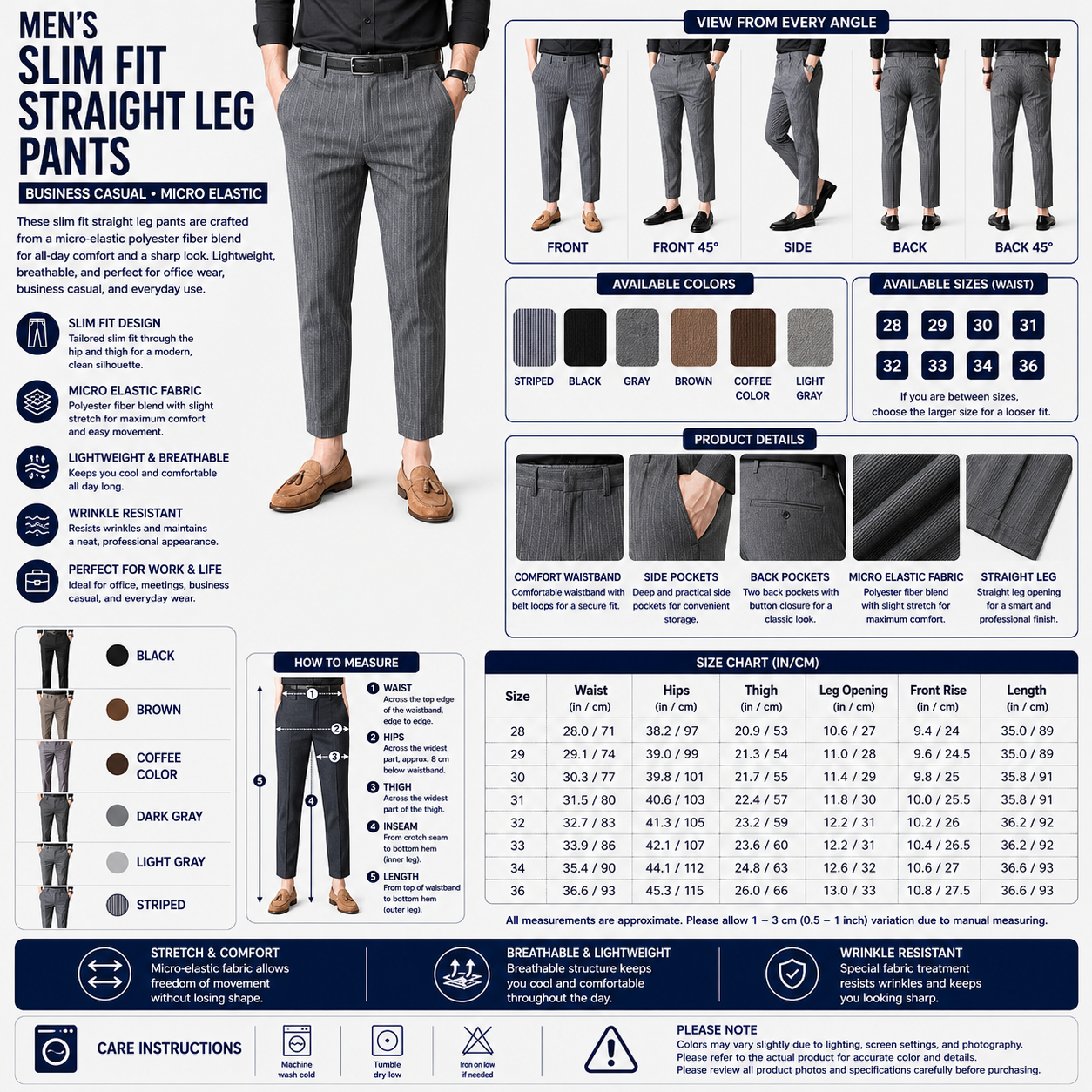 Men's Slim Fit Straight Leg Pants – Business Casual Micro Elastic