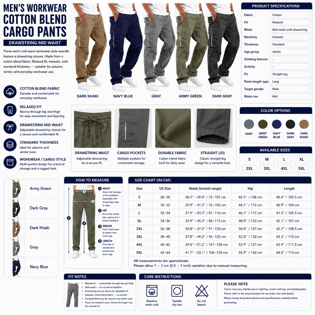 Men's Workwear Cotton Blend Cargo Pants – Drawstring Mid Waist