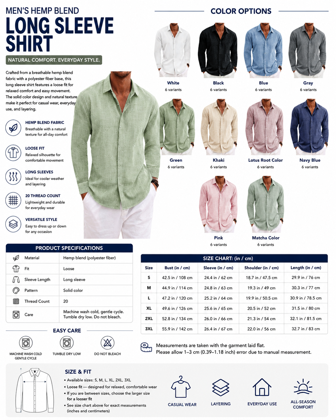 Men's Hemp Blend Long Sleeve Shirt – Loose Fit Solid Color