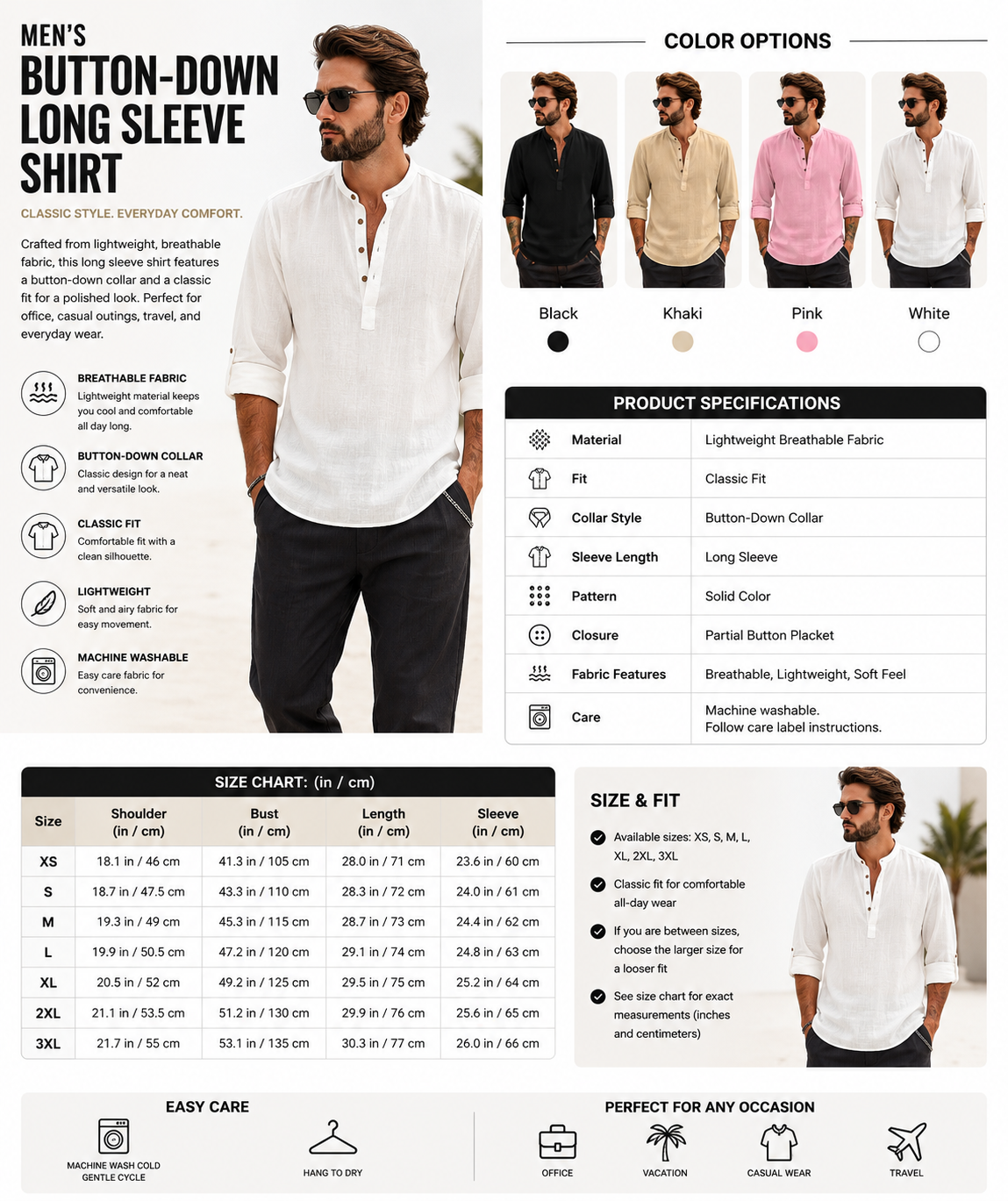 Men's Breathable Button-Down Long Sleeve Shirt – Classic Fit