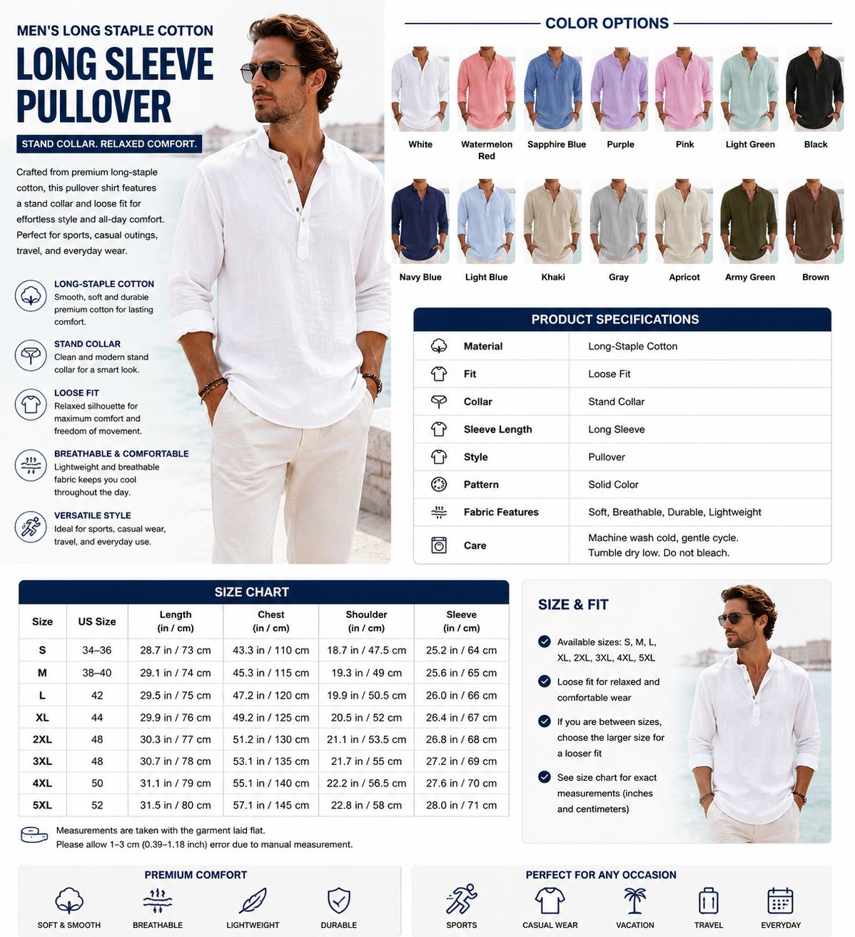 Men's Long Staple Cotton Long Sleeve Pullover – Stand Collar Loose Fit
