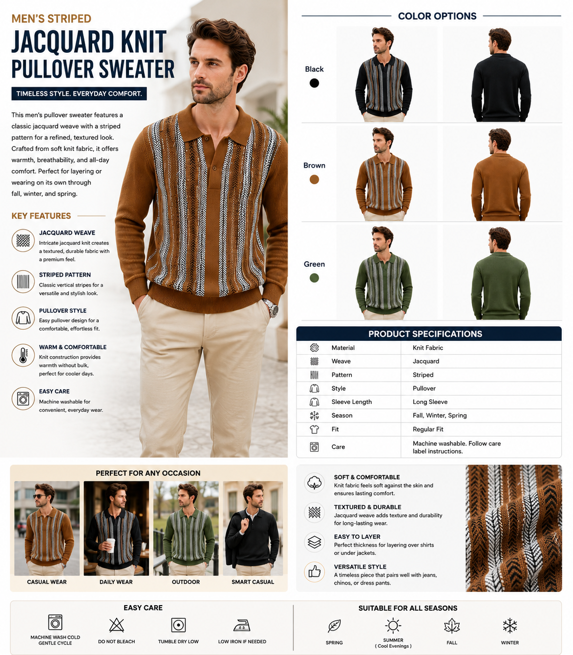Men's Striped Jacquard Knit Pullover Sweater – Long Sleeve Casual