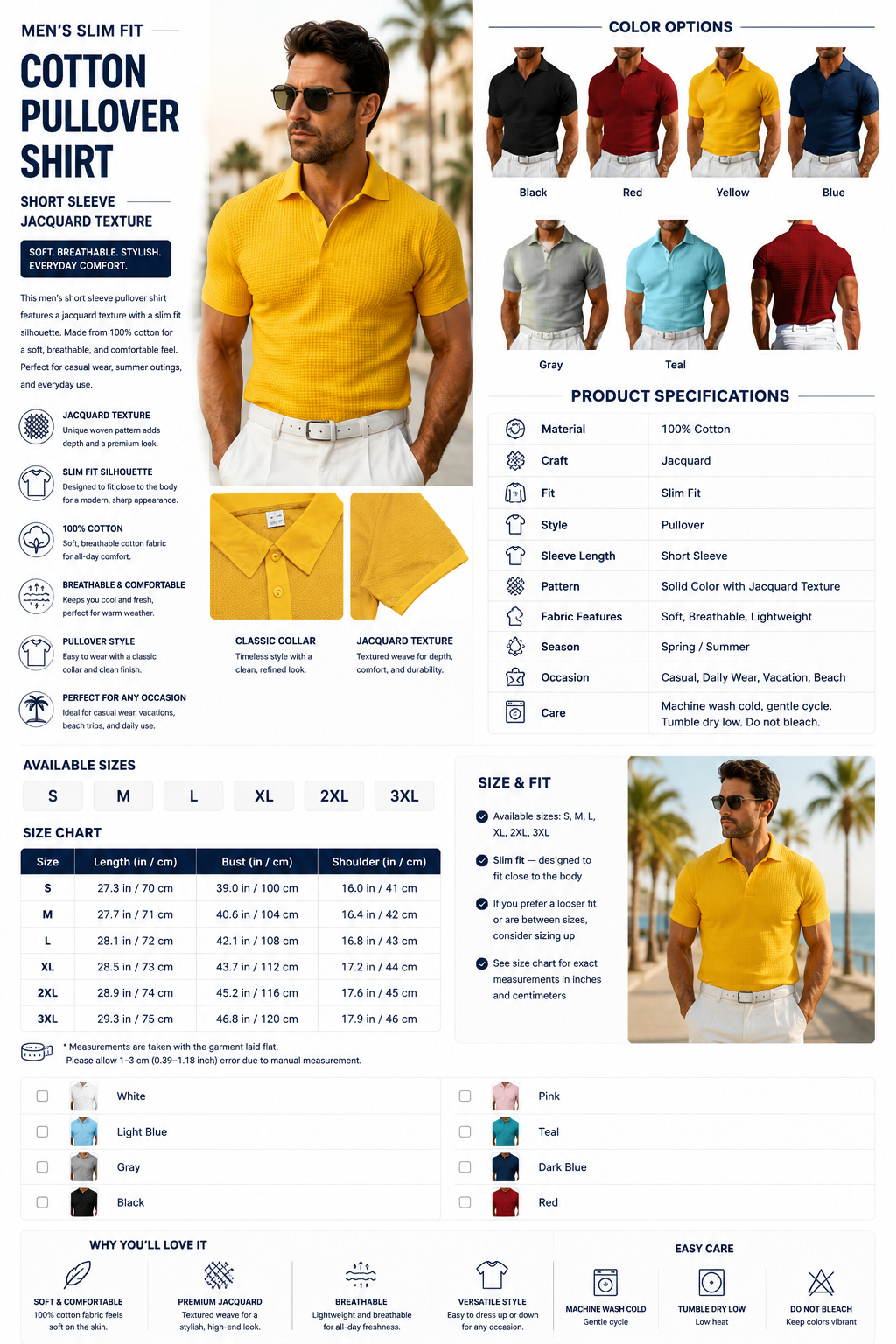 Men's Slim Fit Cotton Pullover Shirt – Short Sleeve Jacquard Texture