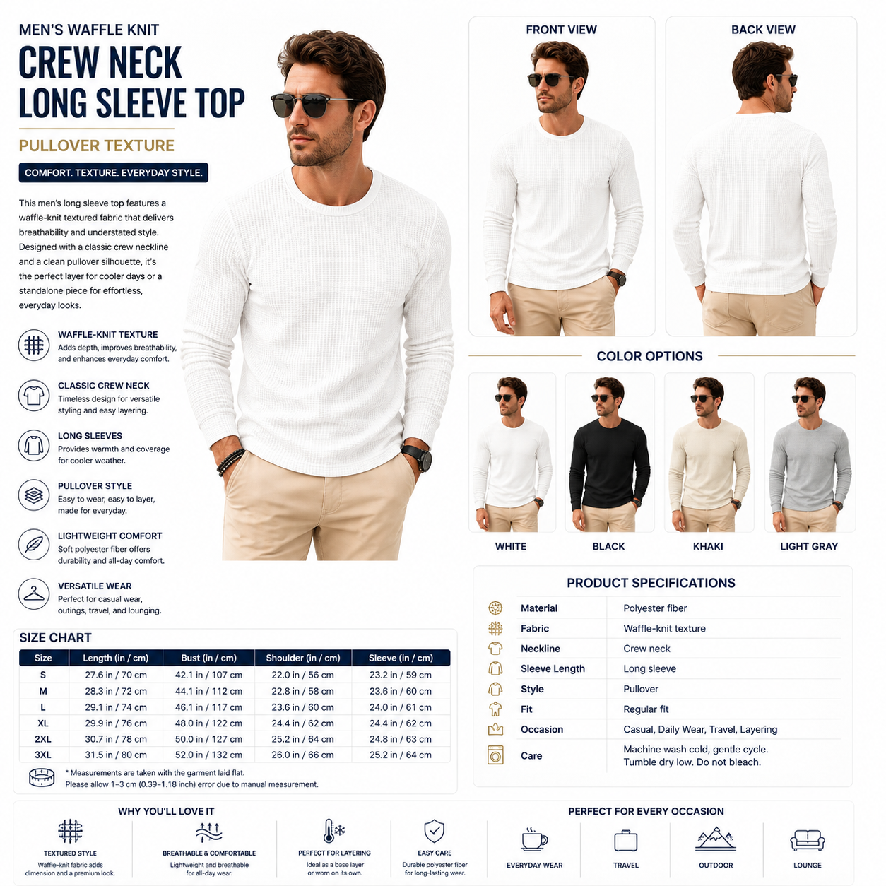 Men's Waffle Knit Crew Neck Long Sleeve Top – Pullover Texture