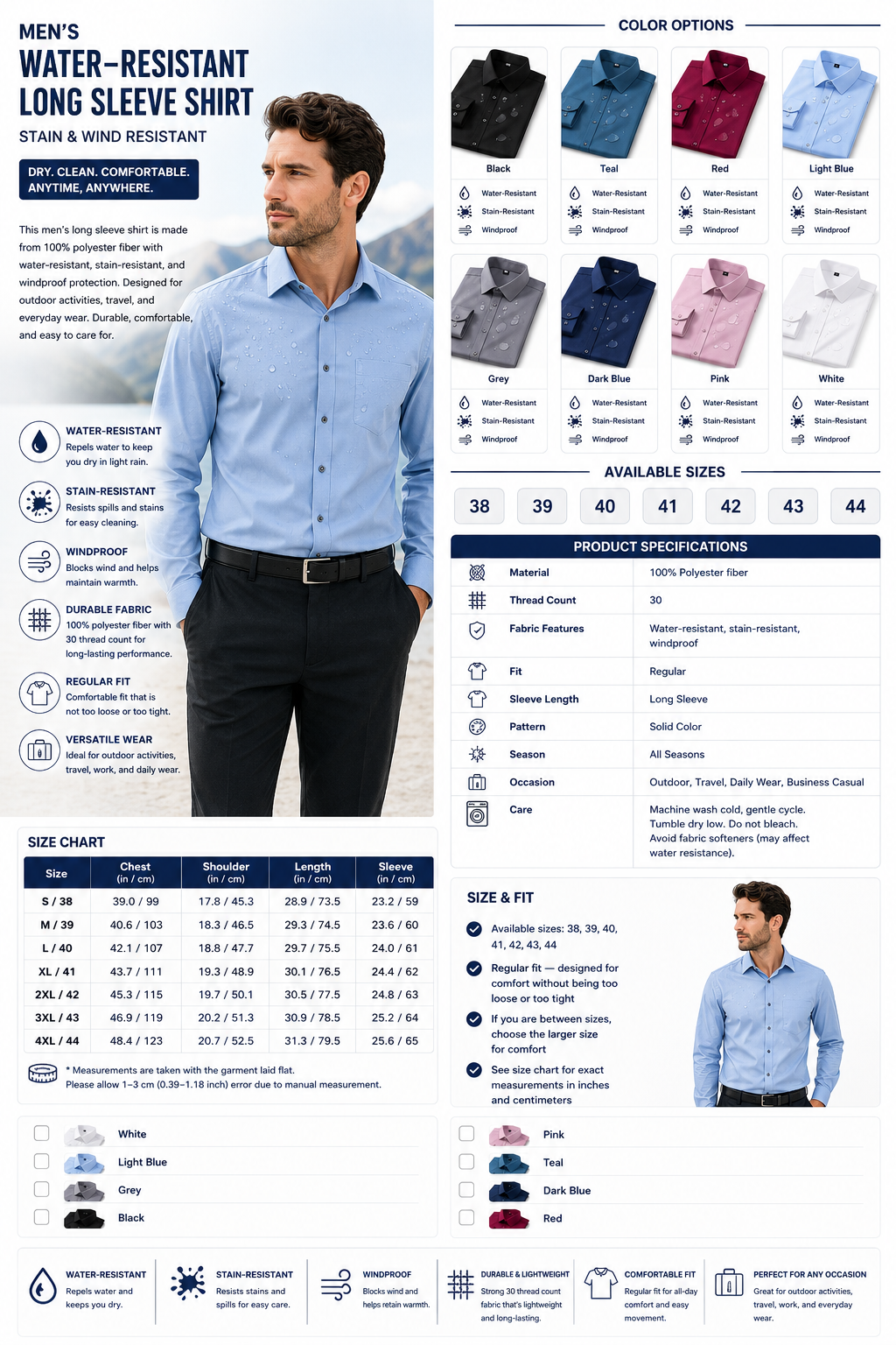 Men's Water-Resistant Long Sleeve Shirt – Stain & Wind Resistant