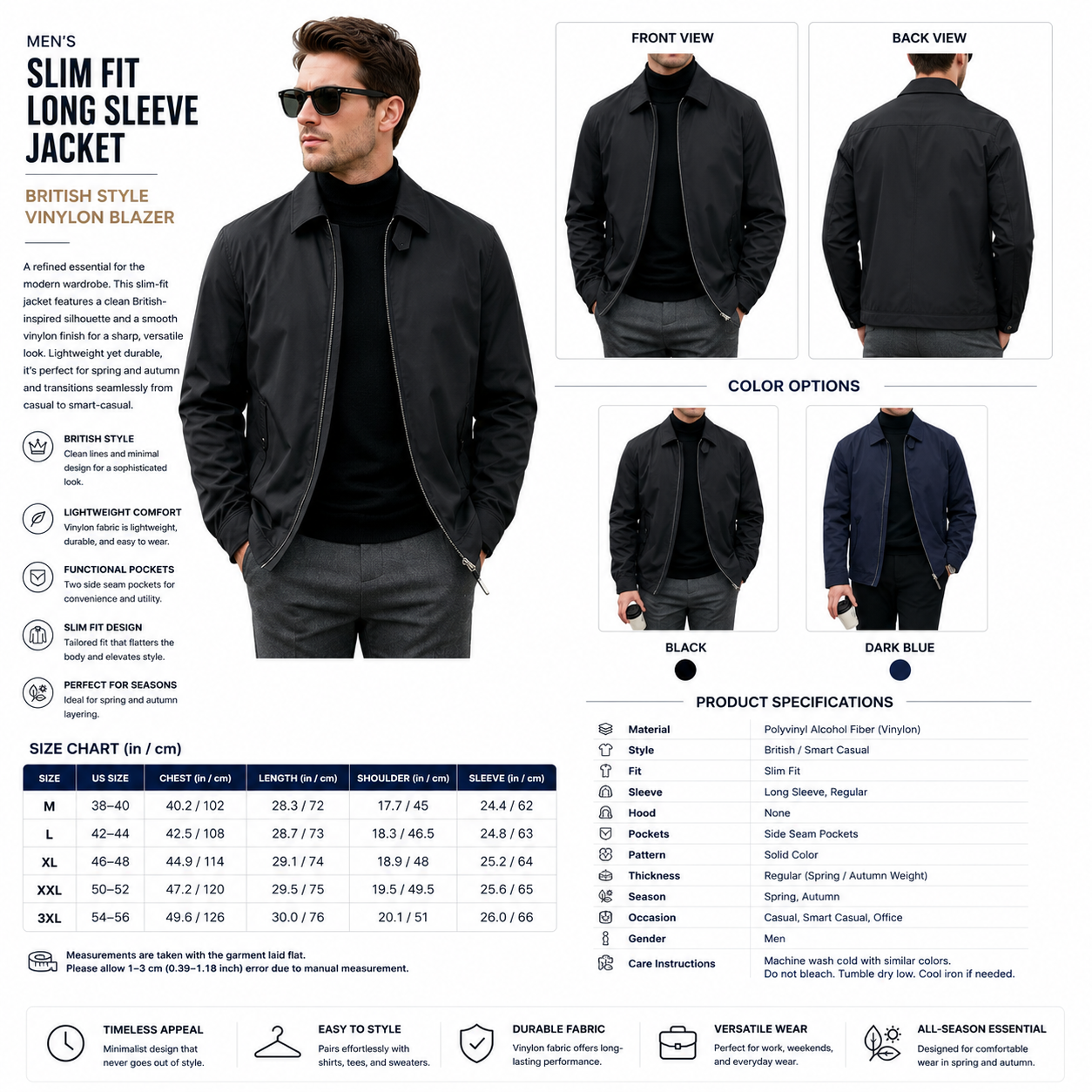 Men's Slim Fit Long Sleeve Jacket - British Style Vinylon Blazer