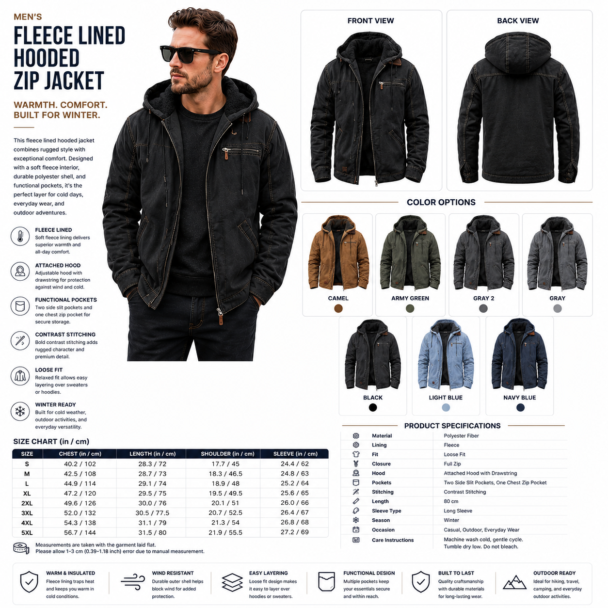 Men's Fleece Lined Hooded Zip Jacket – Loose Fit Winter Coat