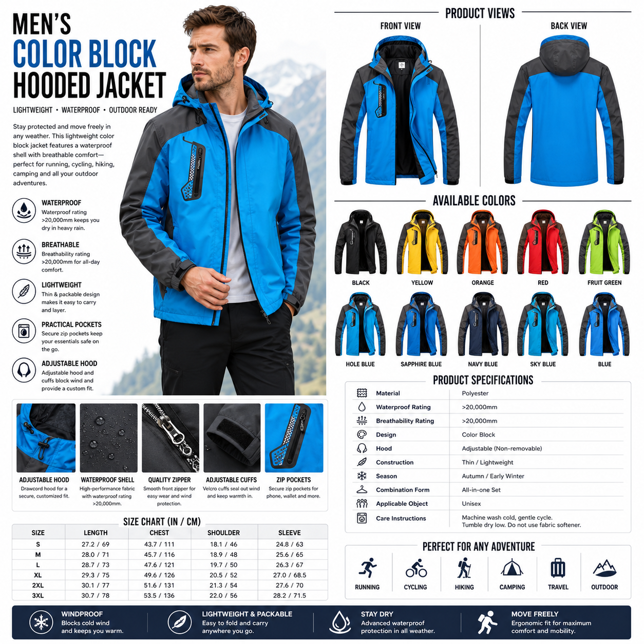 Men's Lightweight Color Block Hooded Jacket – Autumn Outdoor Sport