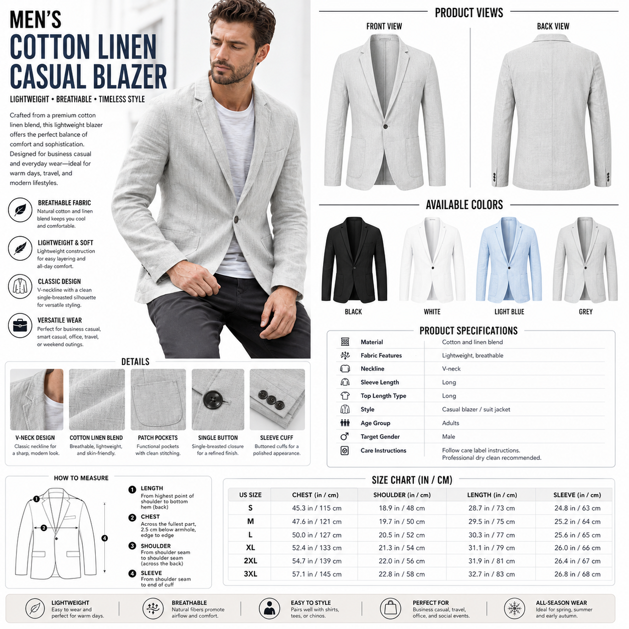 Men's Cotton Linen Casual Blazer – Lightweight Solid Color Jacket