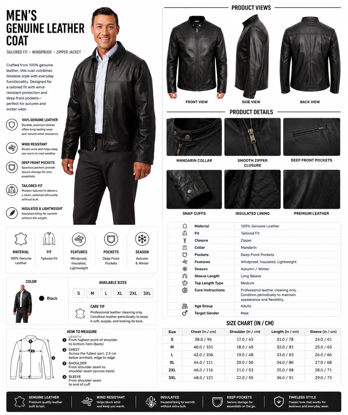 Men's Genuine Leather Coat – Tailored Fit Windproof Zipper Jacket