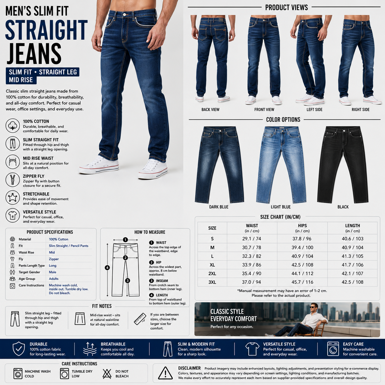 Men's Slim Fit Straight Jeans – Mid Rise Cotton Pencil Pants