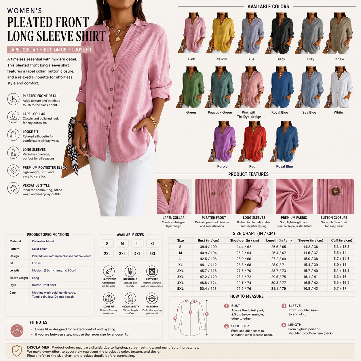 Women's Pleated Front Long Sleeve Shirt – Lapel Collar Button Up