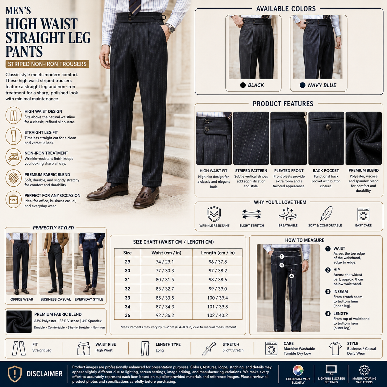 Men's High Waist Straight Leg Pants – Striped Non-Iron Trousers
