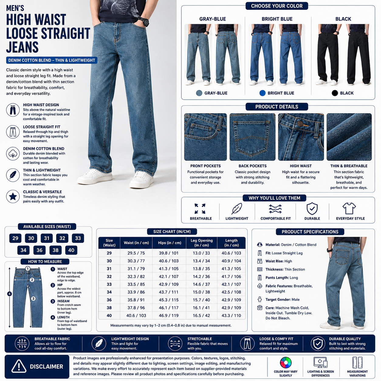 Men's High Waist Loose Straight Jeans – Denim Cotton Blend Thin