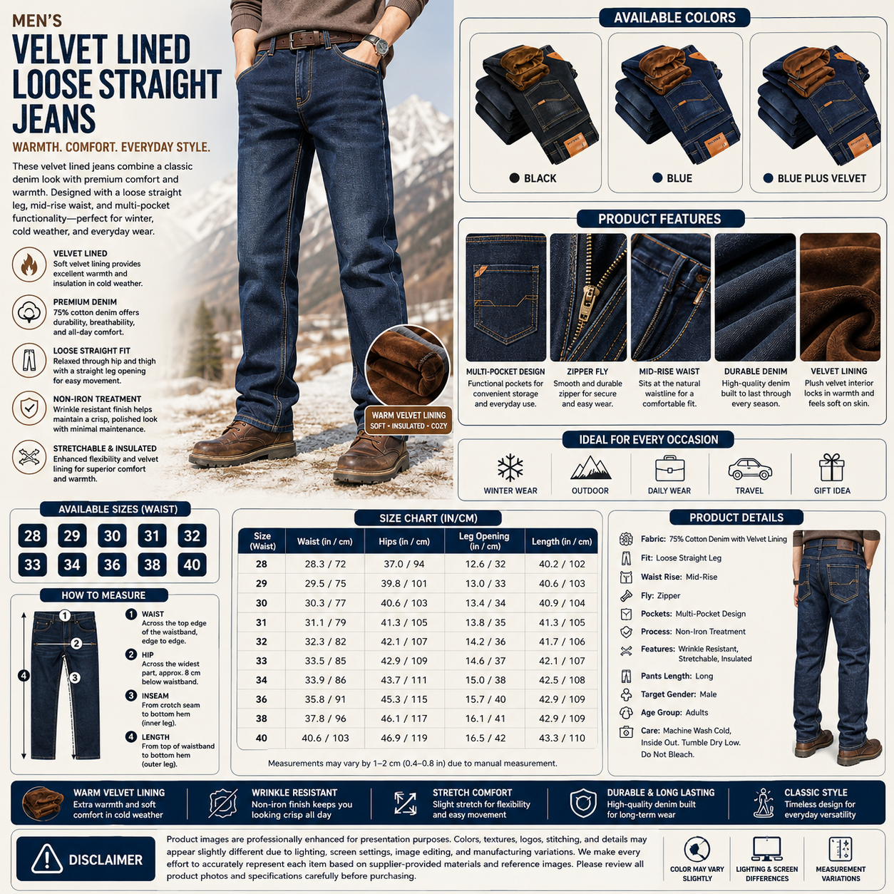 Men's Velvet Lined Loose Straight Jeans – Mid-Rise Non-Iron Denim