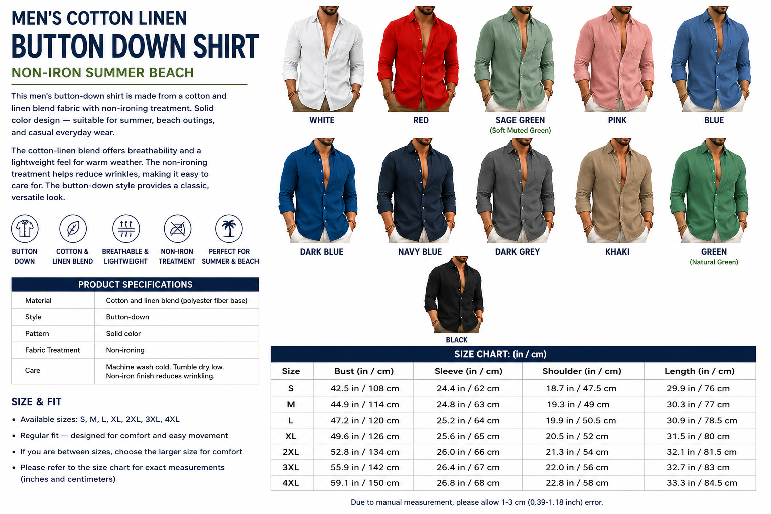Men's Cotton Linen Button Down Shirt – Non-Iron Summer Beach