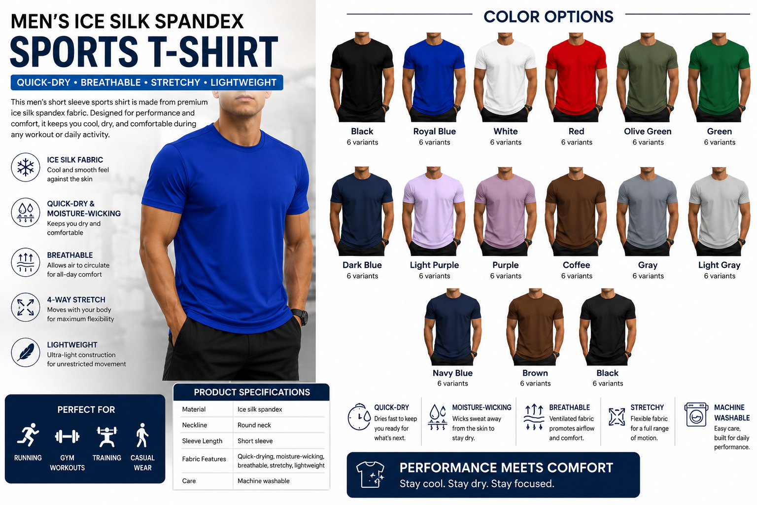 Men's Ice Silk Spandex Sports Shirt – Round Neck Quick Dry