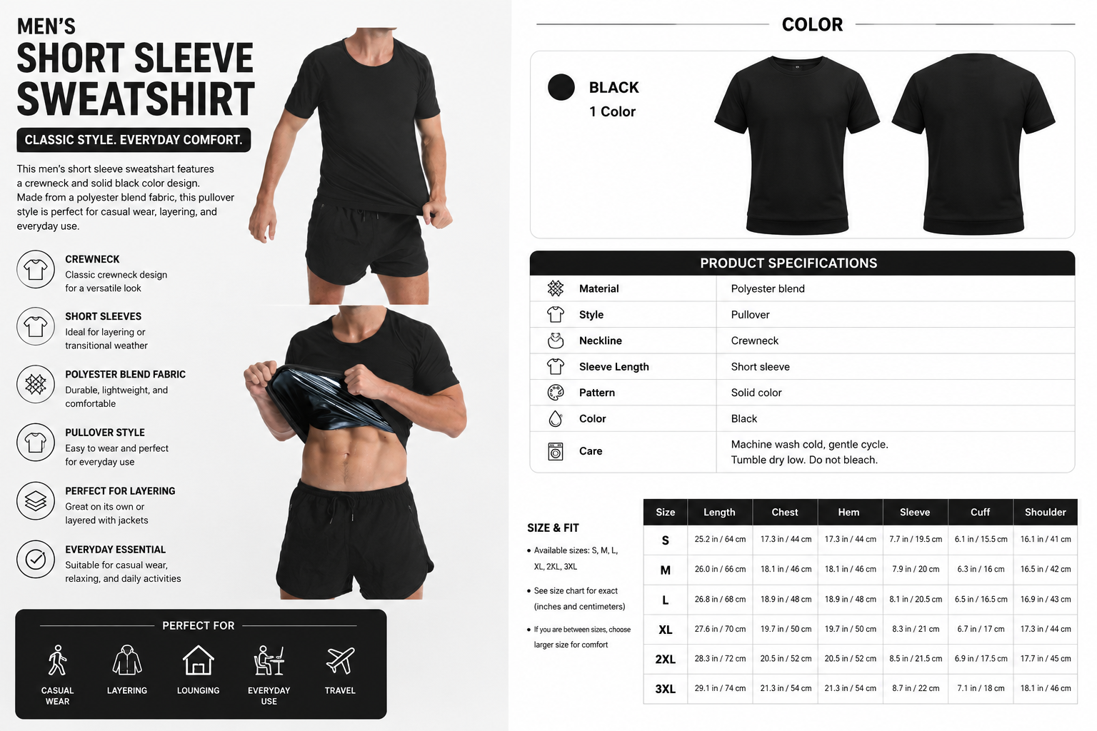 Men's Short Sleeve Crewneck Sweatshirt – Solid Black Pullover