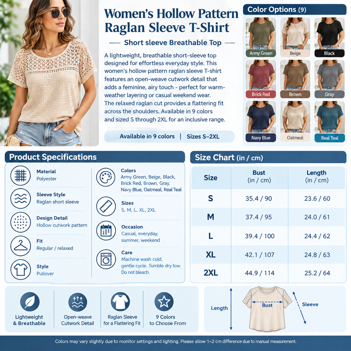 Women's Hollow Pattern Raglan Sleeve T-Shirt – Short sleeve Breathable Top